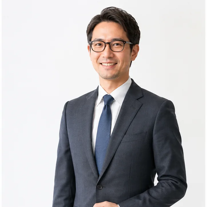 スーツ姿でほほえむ30代男性のビジネスパーソン