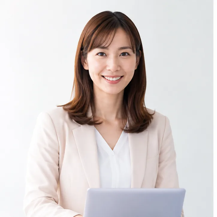 ノートPCを手にほほえむ30代女性のビジネスパーソン